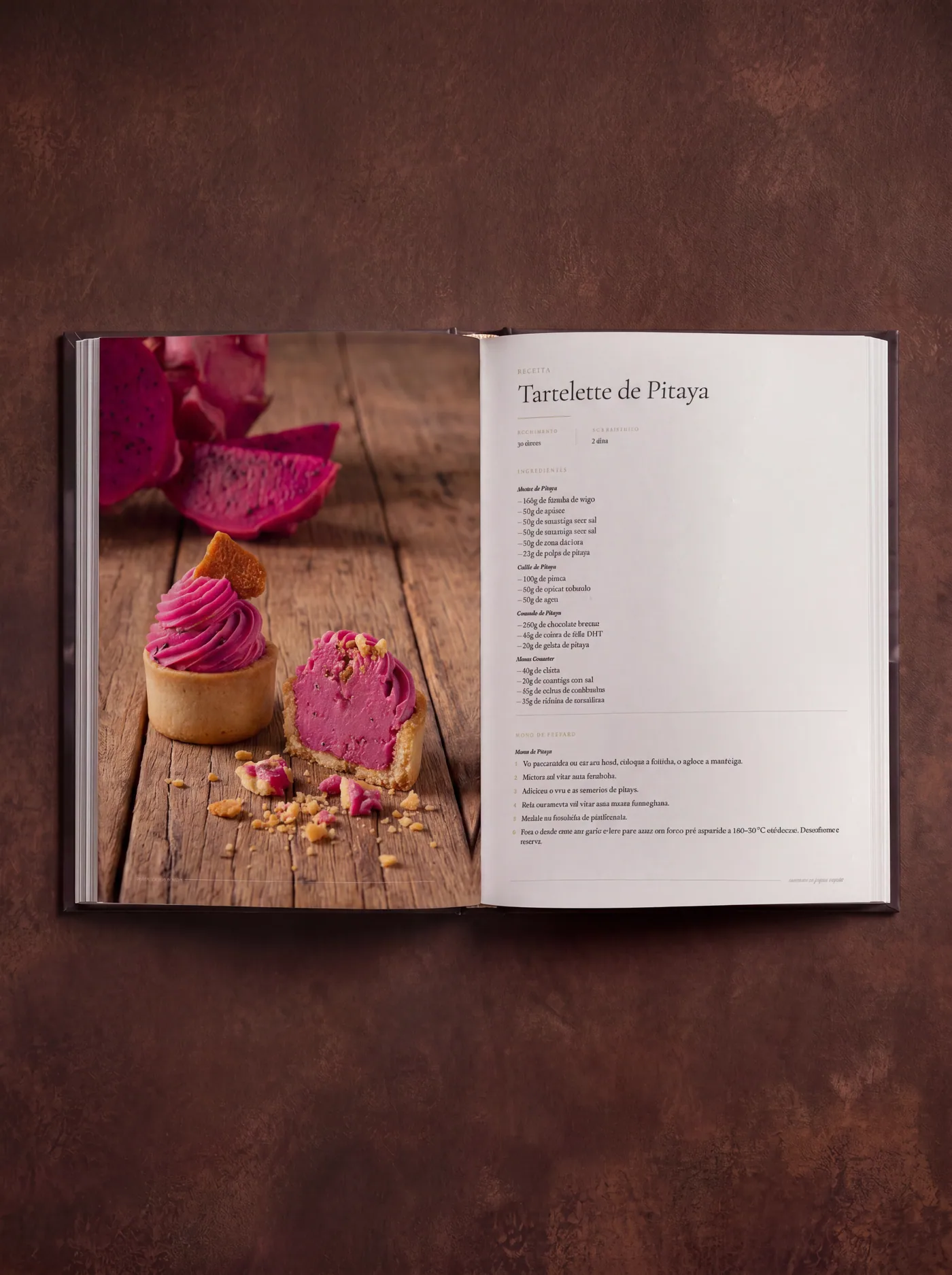 Página dupla aberta na receita da Tartelette de Pitaya, com a foto do doce ocupando a página inteira ao lado do passo a passo.