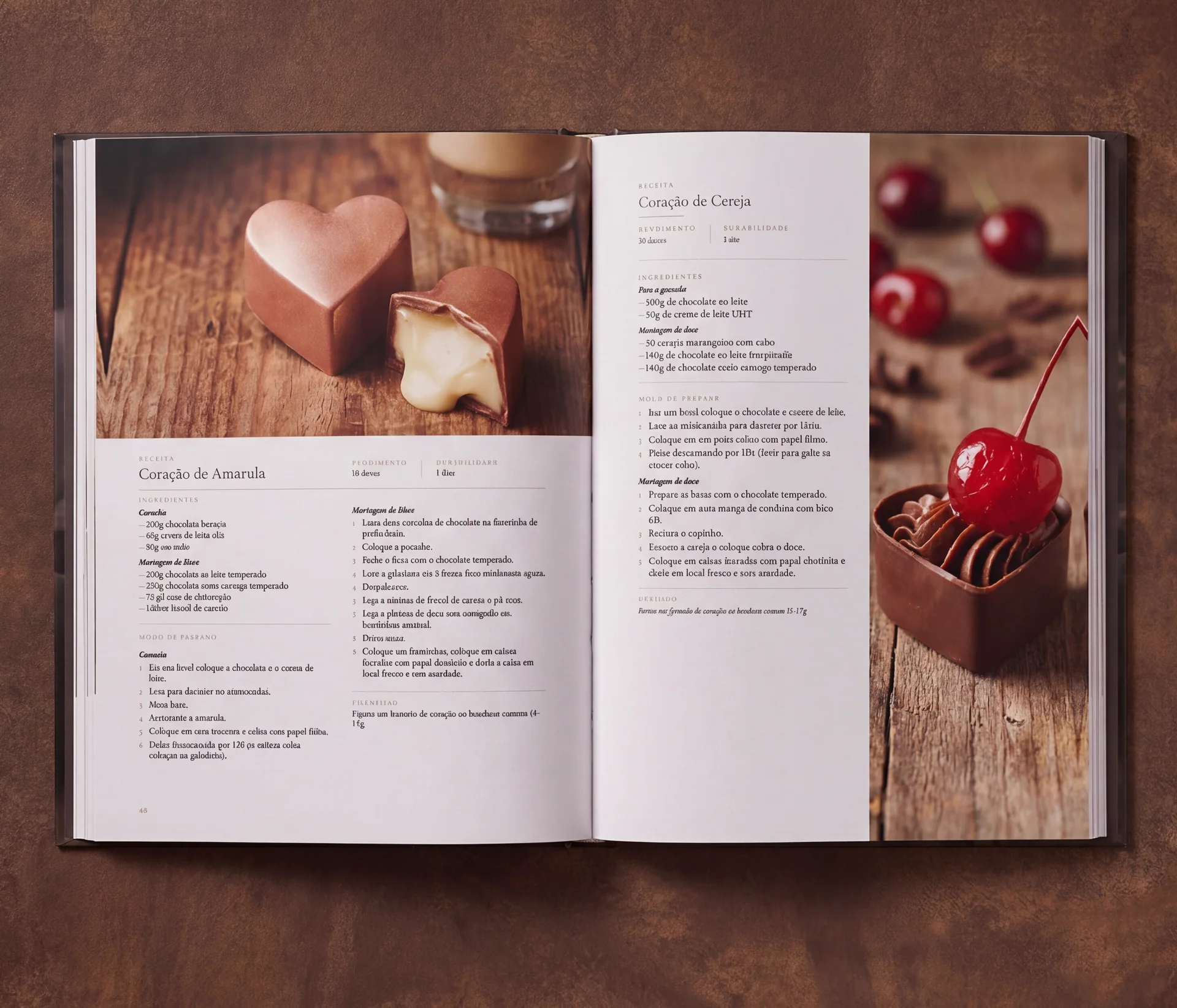 O livro aberto na página dupla do Coração de Amarula e do Coração de Cereja, com o passo a passo ao lado da foto dos bombons.